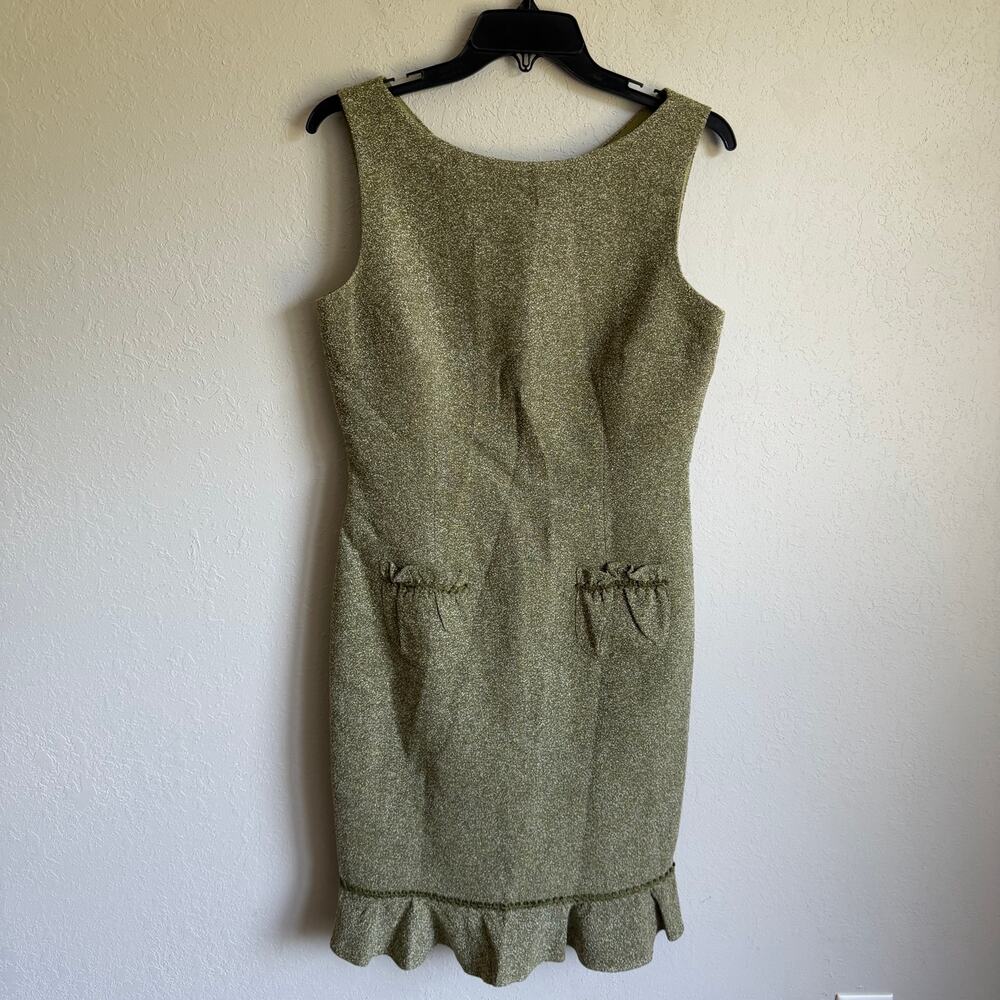 David Meister Boucle Fitted Sheath Dress Green Wool Silk Blend Ruffled Women 8